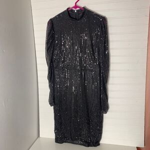 Black Sequin Mock Neck Long Sleeve Midi Dress Size L